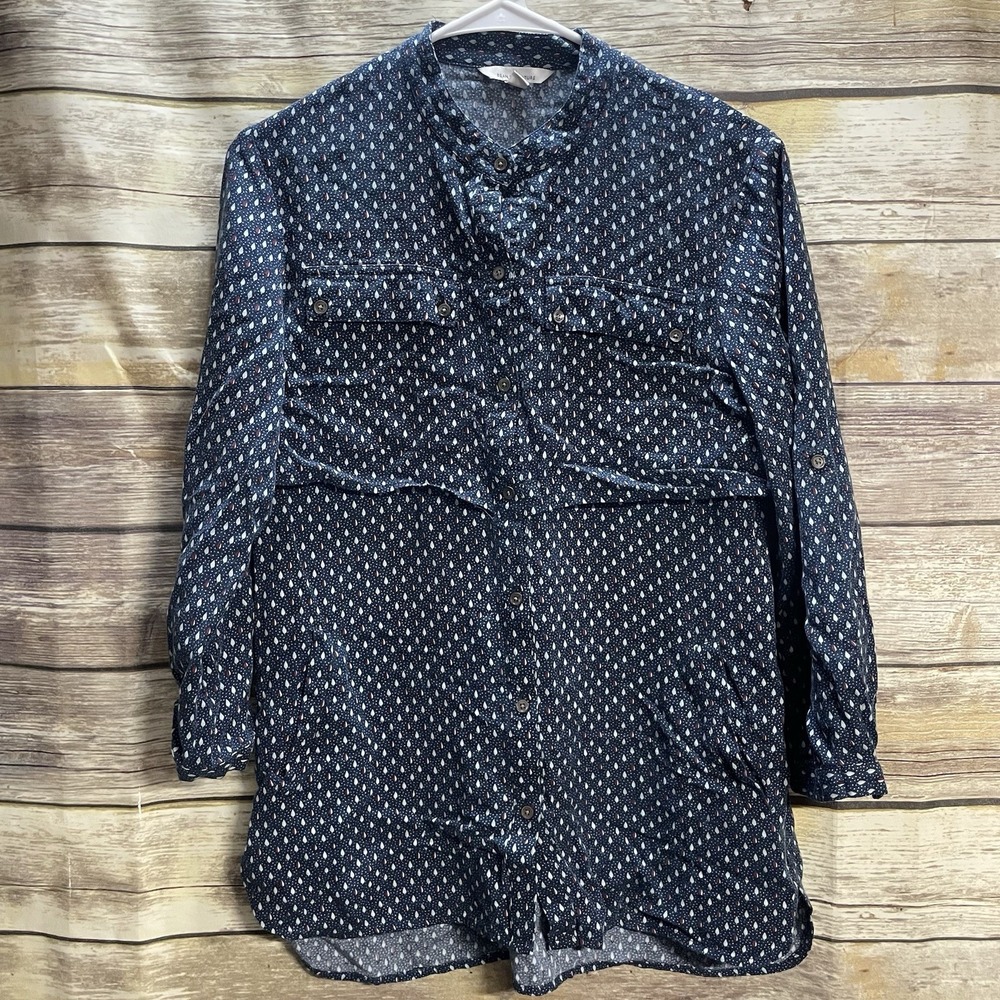 LL Bean Top Women's 8 Blue Wool Blend Signature Tunic Shirt Vented Collar EUC